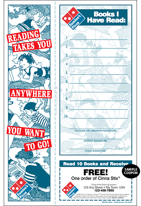 Domino's Pizza Reading Program with Bookmark